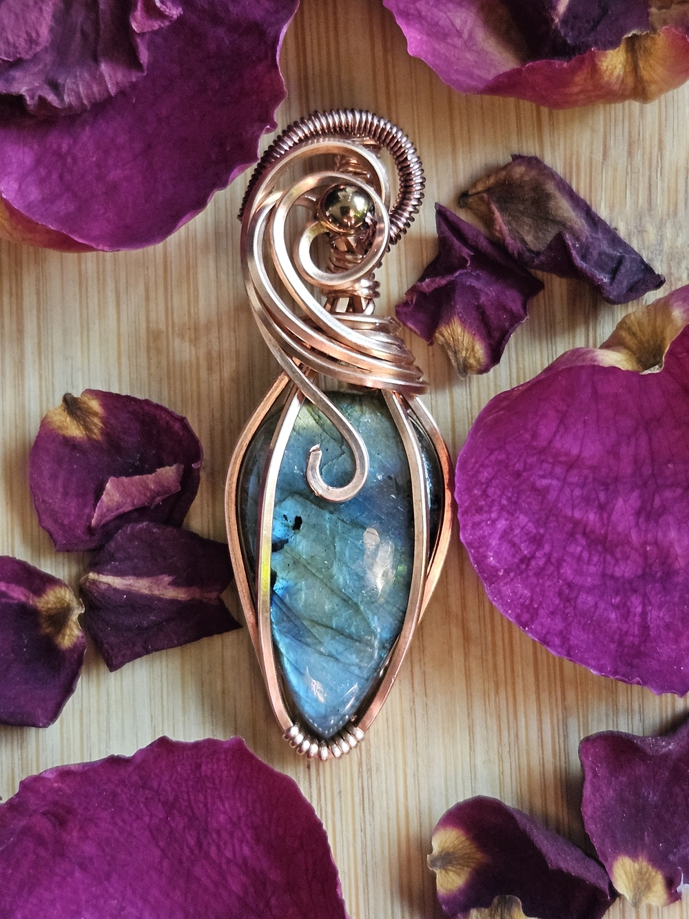 Copper Wire-Wrapped Labradorite Necklace Pendant - Blue-Green Stone